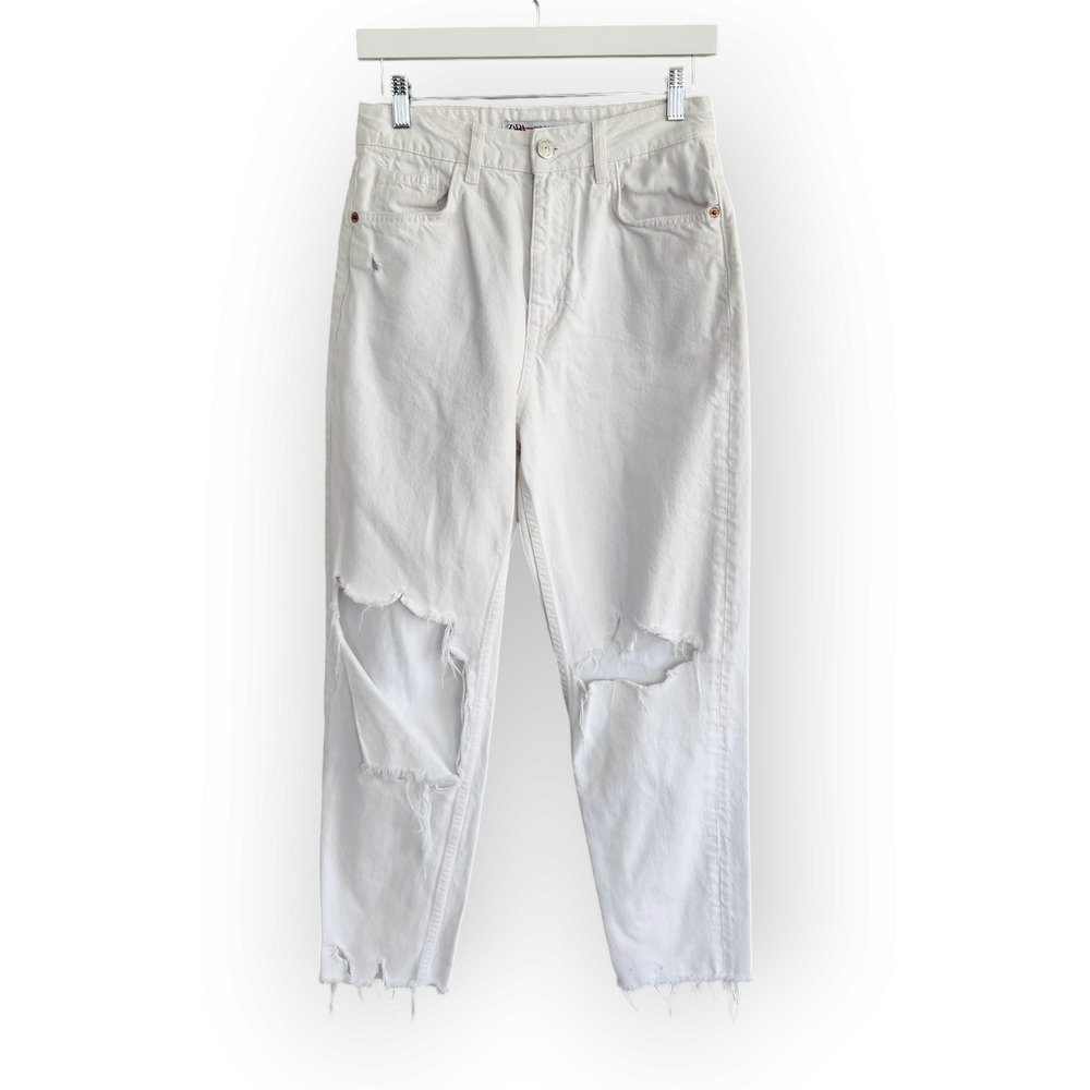 Zara White High Waisted Ripped Mom Jeans 6